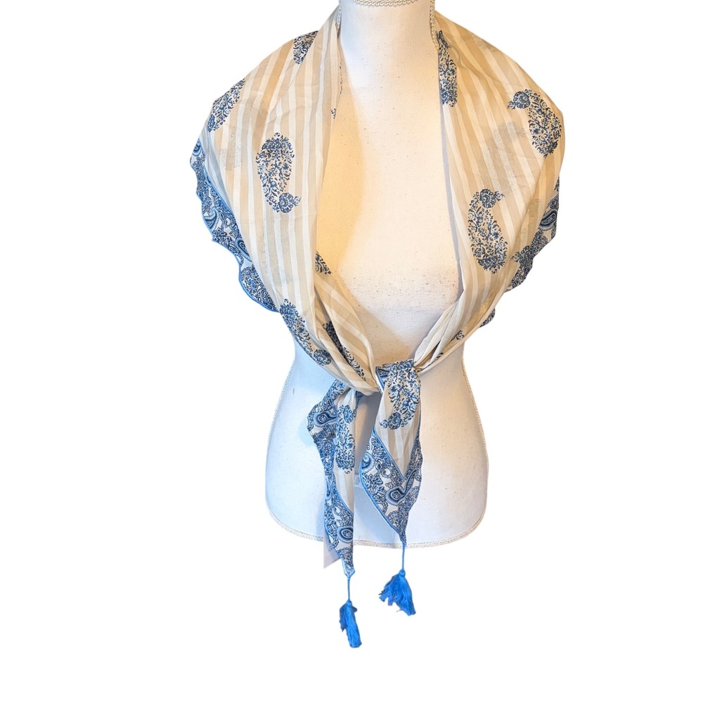 J. Jill Blue White Beige Paisley Striped 100% Cotton Triangle Scarf Tassels Boho
